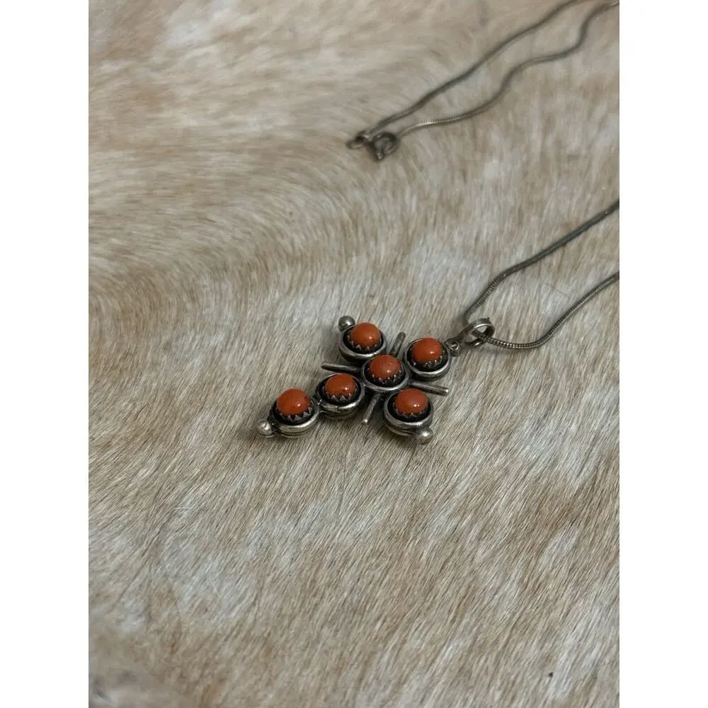 Native American Sterling Silver Turquoise Red Coral Reversible Cross Pendant 925